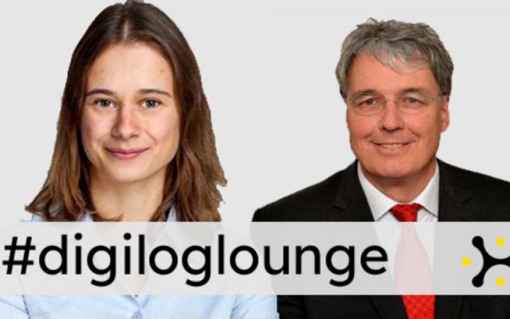 A woman and a man in close profile. Below is the banner "#digiloglounge"