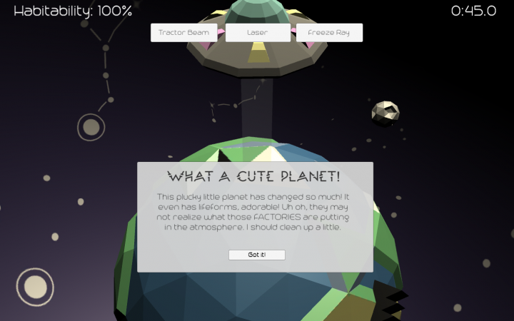 Bildschirmaufnahme des Spiels »My Fair Planet« aus dem Jahr 2020 von Seth Paxton und Ben Ash. Im Hintergrund sieht man einen Planeten, über dem ein UFO schwebt. Im Vordergrund sieht man ein Textfeld mit einer Anleitung zum Spiel.