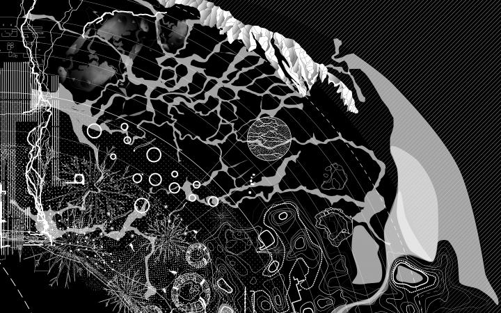 Abstrahierte Karte in schwarz-weiß zur Ausstellung »Critical Zones« von Bruno Latour