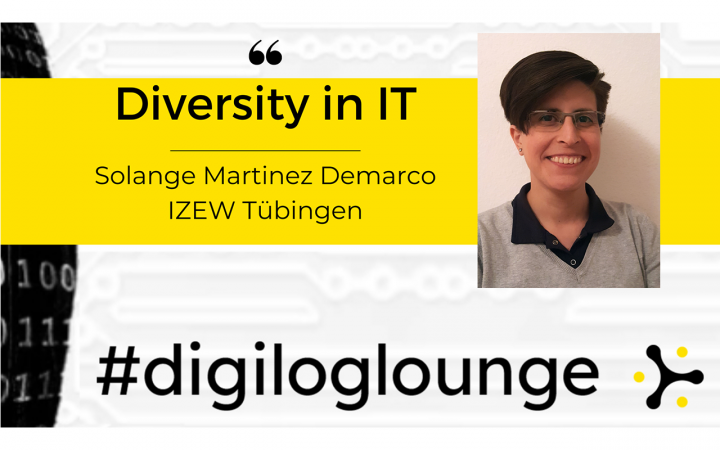 Titel der Veranstaltung mit Foto der Teilnehmerin Solange Martinez Demarco. Über dem Bild liegt das Banner "#digiloglounge".