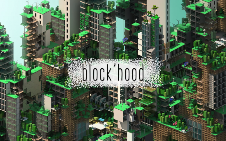 Blockartige Hochhäuser mit dem Titel »Blook'Hood«