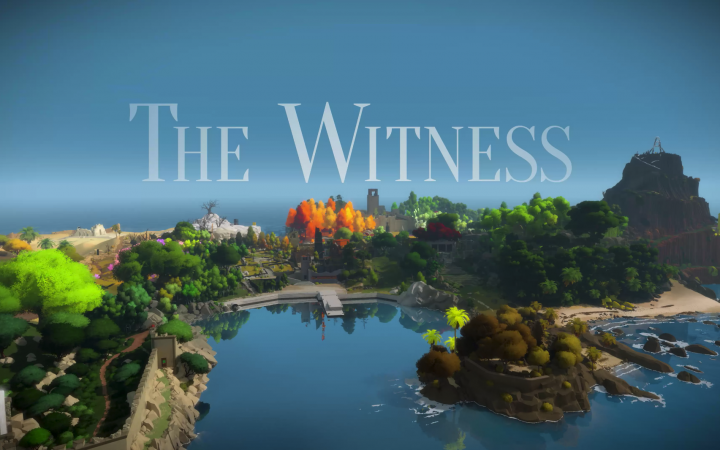 Blick auf eine computergenerierte Bucht mit einer Festungsarchitektur und Landschaft. Weiße Schrift am Horizont »The Witness«