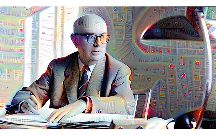 A black and white portrait of Theodor Adorno at his desk, alienated by an AI programme.