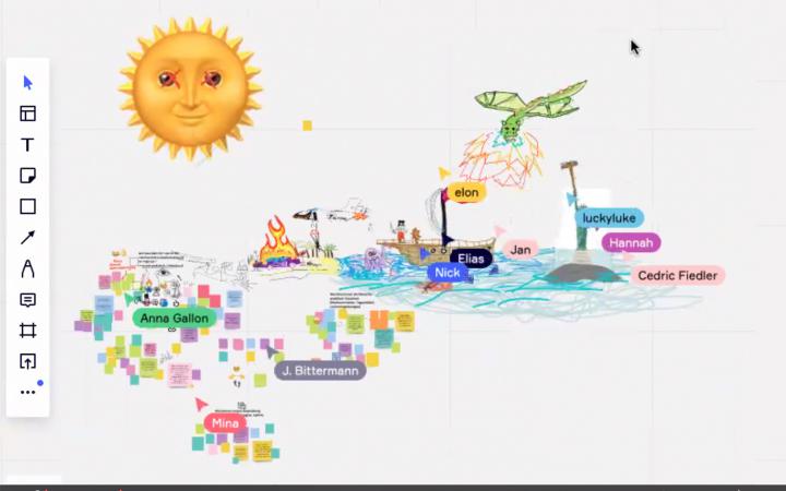 Screenshot of an online creative workshop where ideas are collected with Post-Its and colorful drawings.The picture was created as part of the Cultural Academy Baden-Württemberg 2020/21.