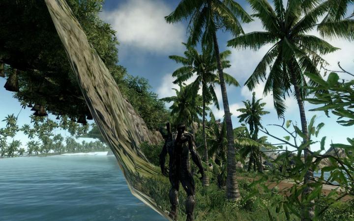 Digital representation of a tropical forest and a water surface with a dark figure in the middle of the picture