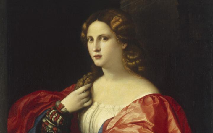 Renaissance painting of a lady in red and blue