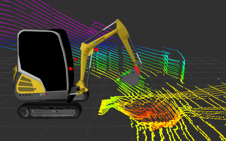 Computer animation of a yellow excavator with colorful lines