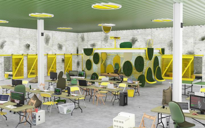 Graphical representation of a possible work area with green ceiling, yellow chairs and circular plastic grass surfaces on the walls