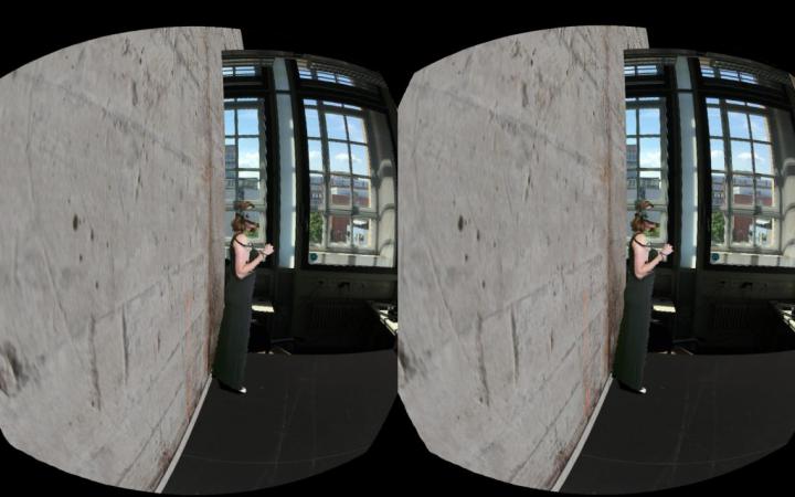 Zweigeteilte Darstellung einer Frau mit einer VR-Brille in einem Raum