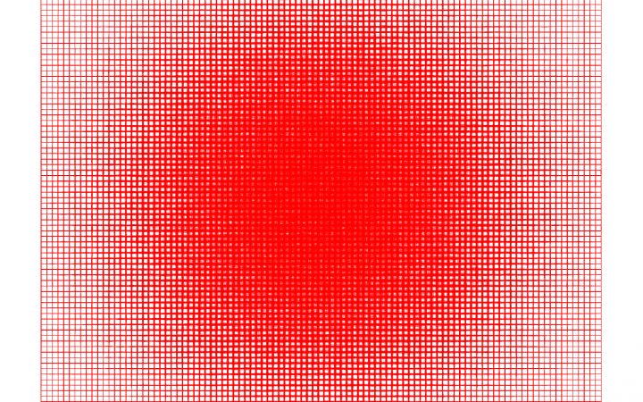 2D square of red grid lines condensing towards the centre in the shape of a circle