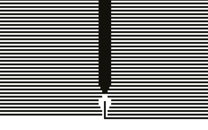 Auf dem Bild ist ein Buchcover zu sehen mit schwarz-weißen horizontalen Linien und einer Feder.