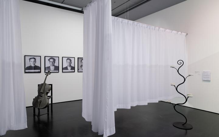Everything's black and white. On the left side of on the wall are  three and a half framed, hanged portraits. In front, on a chair, a stringless violin. In the middle a white curtain separates the room. On the right a tendril-like black structure.