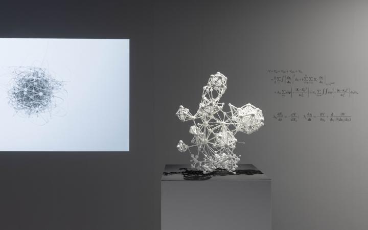 Three-dimensional sculpture of the "Flavor Network" in white. On the wall in the background is a mathematical algorithm formula.