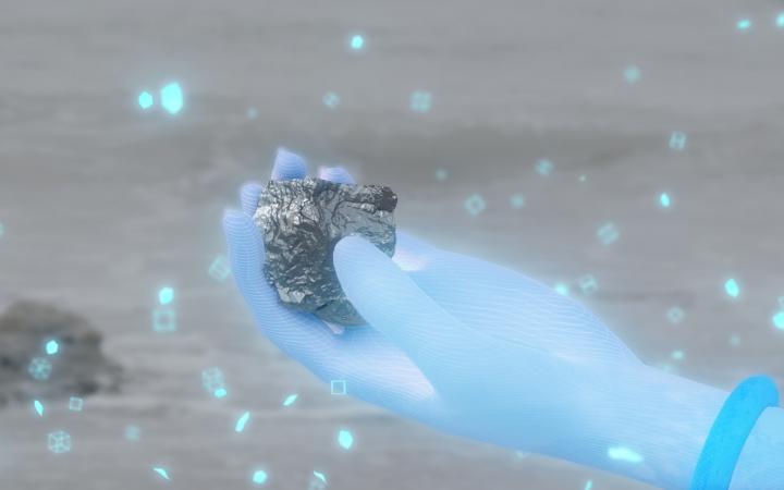 Animierte Grafik einer blauen Hand, die einen Stein hält
