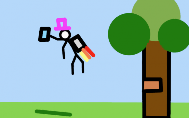 Stick man with a cylinder and a jetpack, that is flying away in the air.