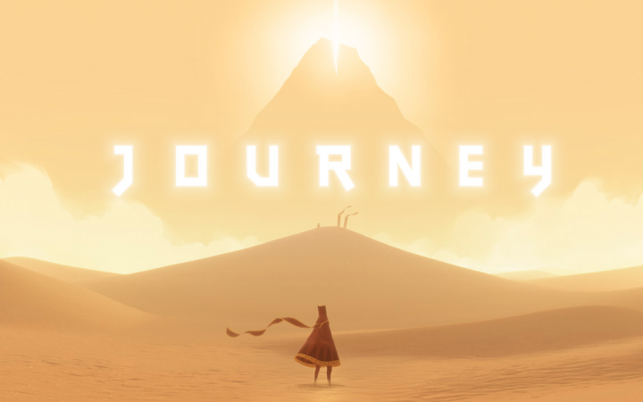 A character stands in the desert in front of a mountain, above that it says »Journey«