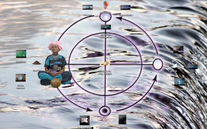 Screenshot of a desktop with depicted water, a woman sitting cross-legged and desktop icons.