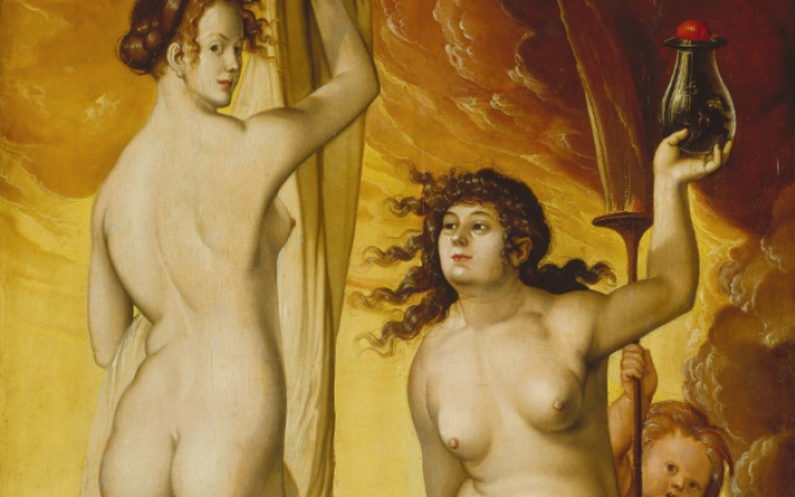 Zu sehen sind »Die Wetterhexen« von Hans Baldung Grien. Links sieht man den Rücken und das Halbprofil einer nackten Frau, rechts sitzt eine nackte Frau und hält ein Gefäß in der Hand.