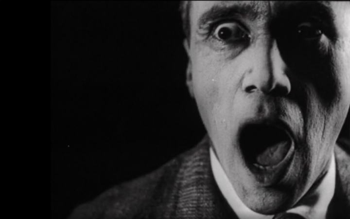 Bild aus dem Film »Alles dreht sich, Alles bewegt sich« von 1929. Abgebildet ist ein Mann mit aufgerissenem Mund in Schwarz-Weiß.