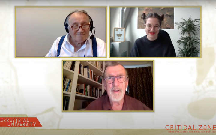A screenshot of a zoom interview with Peter Weibel, Barbara Kiolbassa and Bruno Latour in the context of the »Terrestrial University« at ZKM Karlsruhe