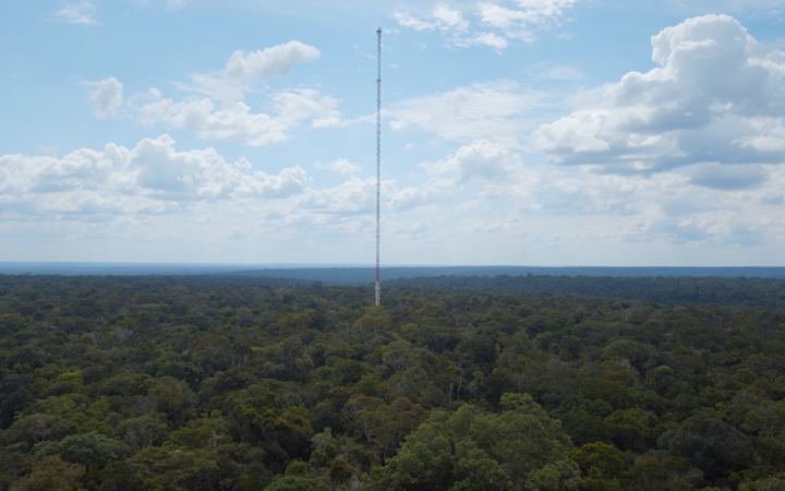You can see a very high tower made of a steel frame that rises from the Amazon.