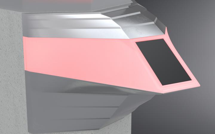 Construction drawing of the chatbot unit: silver with pink glowing unit.