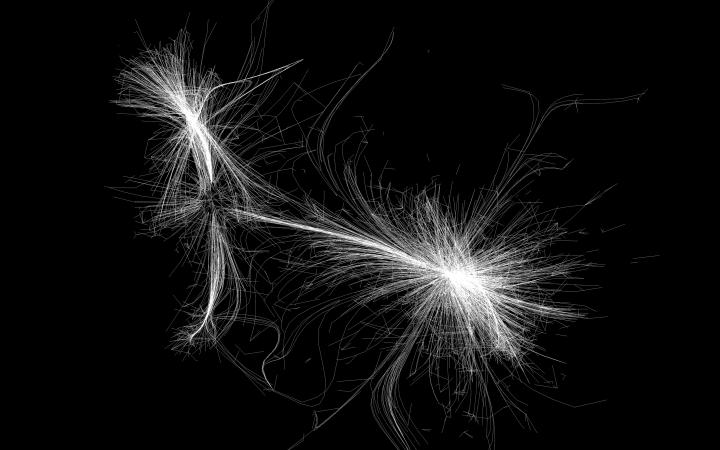 A visualisation of a network. It resembles fringed white threads on a black background