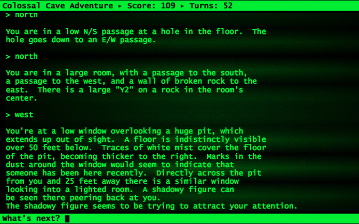 Bildschirmaufnahme des Textabenteuers »Colossal Cave Adventure« von Will Crowther und später Don Woods aus dem Jahr 1977. 