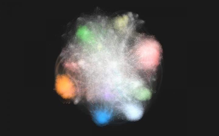Netzwerkdarstellung, die aussieht wie ein leuchtender Nebel, weiß in der Mitte mit farbigen runden flecken am Rand