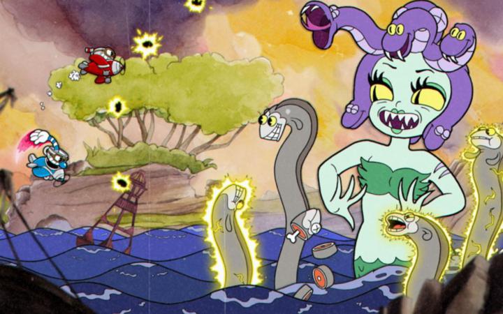 Gezeichnete Computerspiel-Szene mit einer eines Meerjungfrau