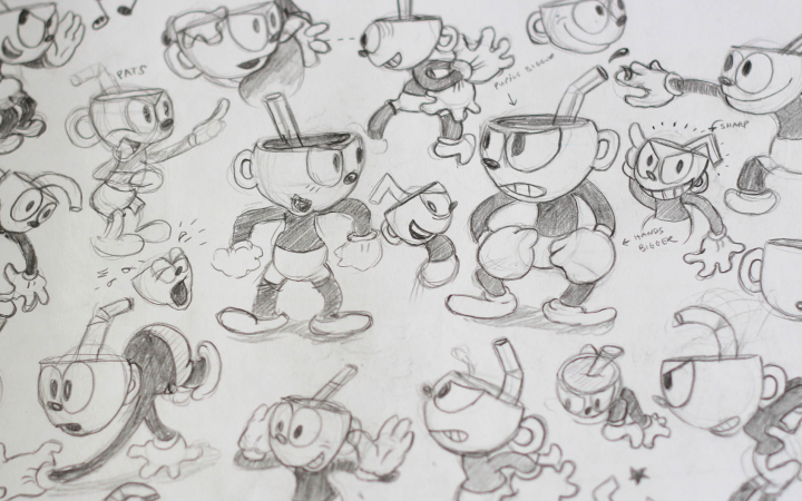 Sketch of figure studies for Cuphead with pencil on paper