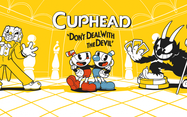 Titelbild des Computerspiels Cuphead mit Figuren des Spiels
