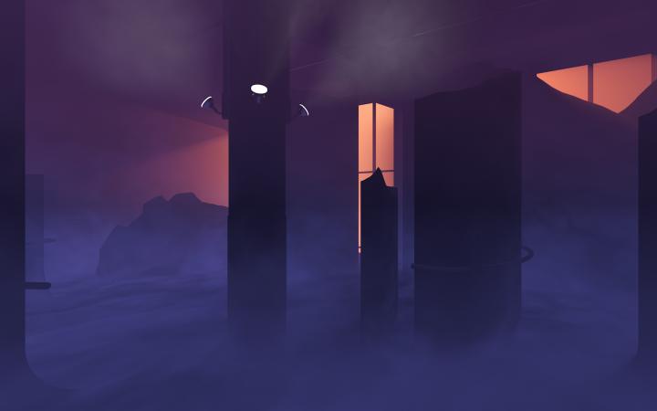 A rendered graphic in purple shades, it shows a shady rock landscape inside a building.