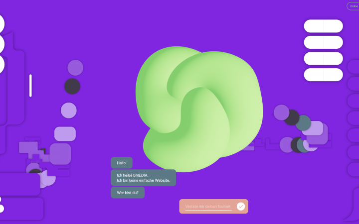 Zu sehen ist ein animiertes, knotenähnliches, grünes Objekt auf einem violetten Hintergrund.