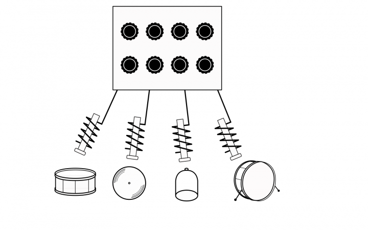 You can see a rectangle with eight dark dots in it, which are reminiscent of connectors. Below are instruments connected to the box by lines and connectors. 