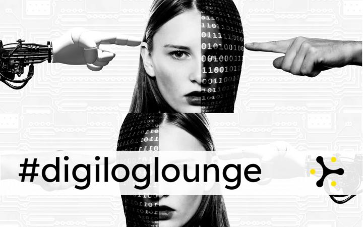 A woman's face is half covered by binary code. One human and one robot hand each point at her. Below is the banner "#digiloglounge".