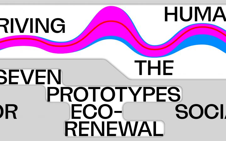 Zu sehen ist eine wellenartige Form welche sich durch die Mitte des Bildes zeiht. Über der Welle steht "Driving the Human". im unteren Bereich des Bildes stehen vereinzelte Worte: seven prototypes oft eco-social renewal. 