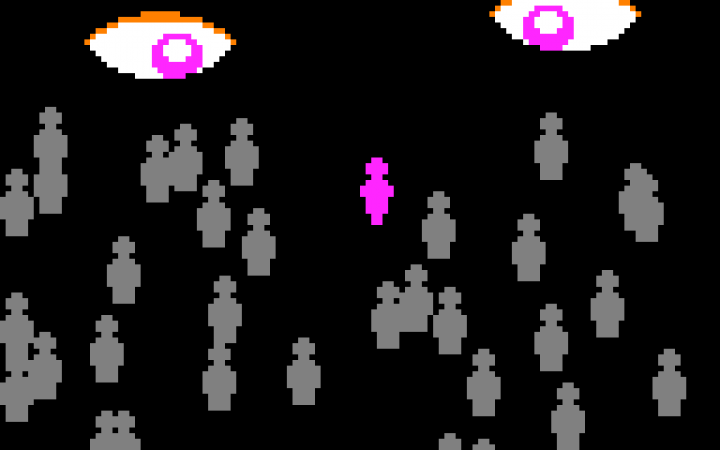 Eine Grafik zeigt eine Menge graue Figuren und eine pinke Figur, darüber stehen drei Augen
