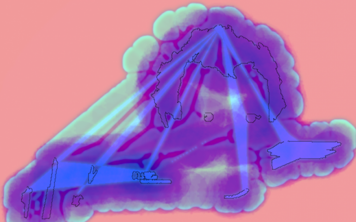 Zu sehen ist eine Grafik mit einem pinkfarbenen Hintergrund. Auf diesem befindet sich eine mintfarbene Wolke. In dieser verbreitet sich ein dunkelblau/lilafarbener Schatten. Eine Kopfform lässt sich angedeutet erkennen.