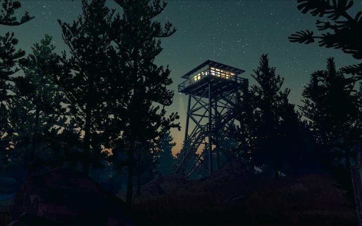 Screenshot: Blick auf den Wachturm zwischen Bäumen bei Nacht