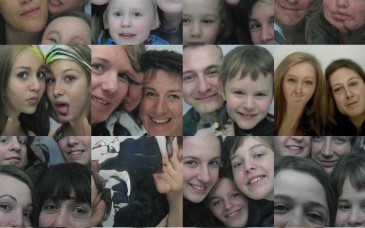 Collage of small passport photos with different people. 