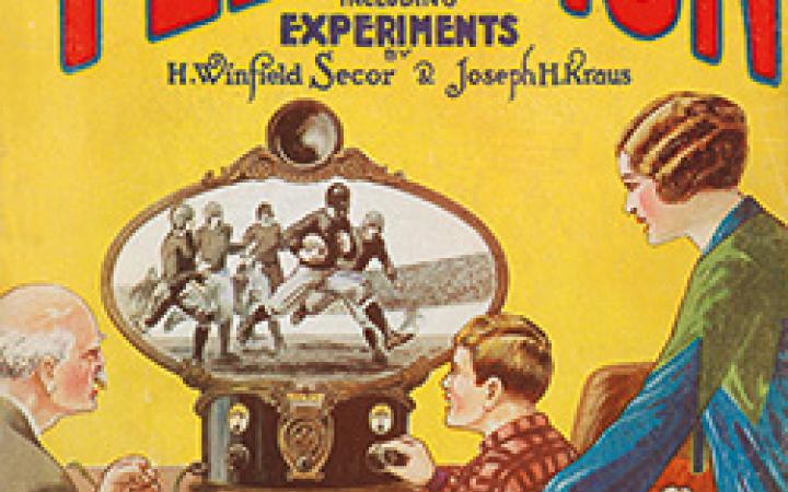 Bookcover: Hugo Gernsback (ed.): All about Television.  A boy, an old man and a middle-aged woman watch a rugby game on an antiquated television.