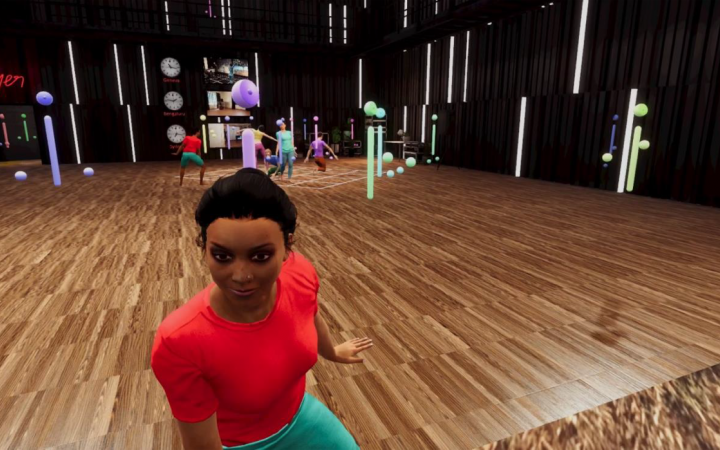 A virtual dance floor, virtual people dancing in the background, a virtual woman in a red t-shirt sitting in the foreground