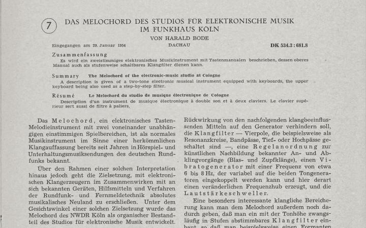 Harald Bode: »Das Melochord des Studios für elektronische Musik im Funkhaus Köln« (1954)
