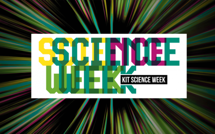 Writing "Science Week" in front of blue-yellow-green-violet ray graphic