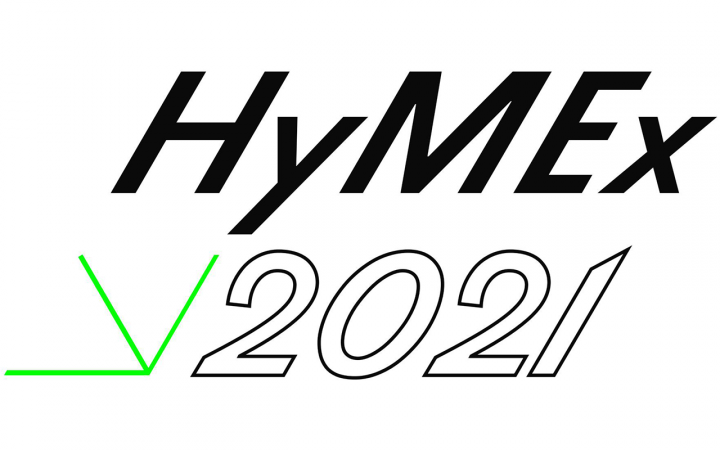 The logo of the HyMEx 2021 symposium in black and white font with a slanted neon-green arrow next to it