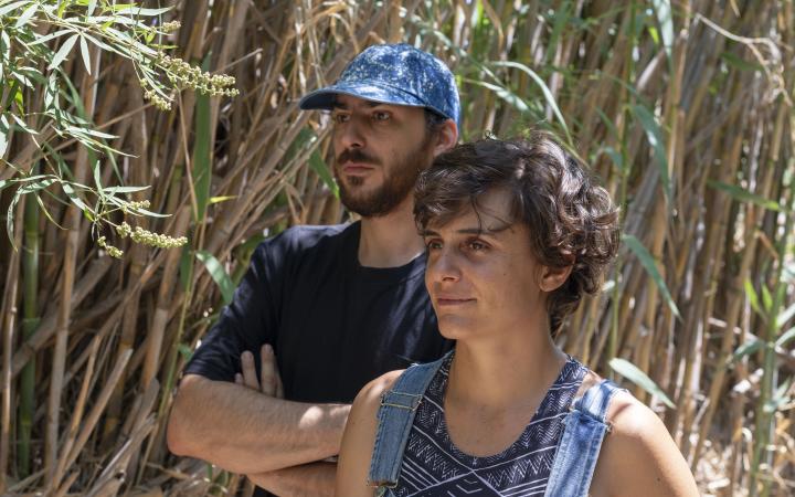 The picture shows the artist duo Hypercomf. Here they stand diagonally behind each other, the woman in front and the man behind, while both are turned to the left and look at something outside the picture. They are standing in front of a cornfield.