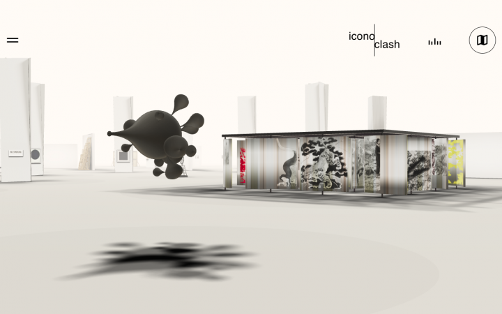The image shows a room designed on the computer. In the foreground floats an abstract figure and in the background tower long columns. In the middle you can see a box, on the facade of which grafitti-like shapes are painted. 