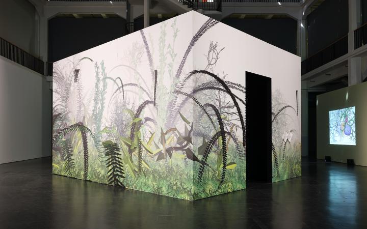 Zu sehen ist das Werk »Interactive Plant Growing«. Eine Aussenansicht zeigt das Werk von Außen. Ein Kubus, in dessen Inneren sich die Pflanzen befinden. Der Kubus ist von Außen mit floralem Muster geschmückt. Er steht mitten im Ausstellungsraum.