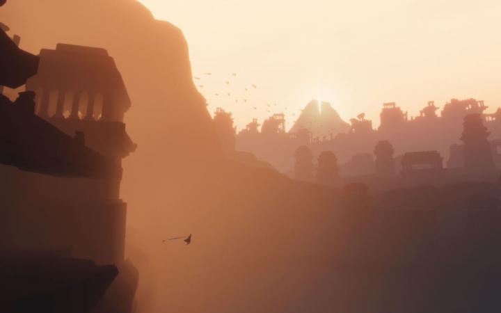 Eine Spielfigur fällt einen Abgrund hinunter. Im Hintergrund befinden sich Ruinen im rötlichen Sonnenlicht.